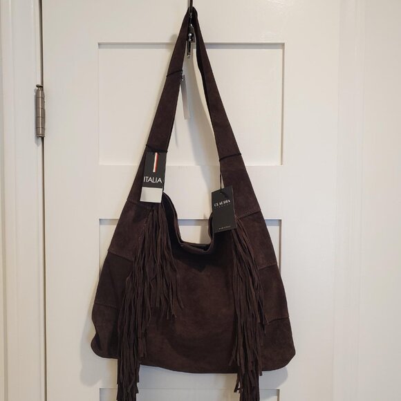 Claudia Firenze Emma Fringe Italian Calf Leather Suede Shoulder Bag Purse Brown - Picture 2 of 7